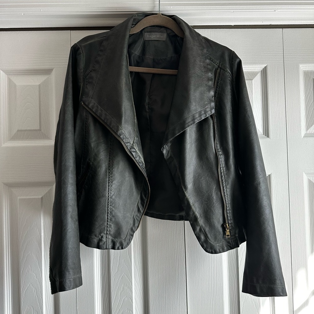 Black leather jacket Bagatelle draped faux leather jacket medium